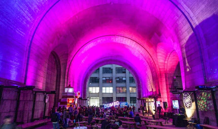 pink illuminated archway DUMBO