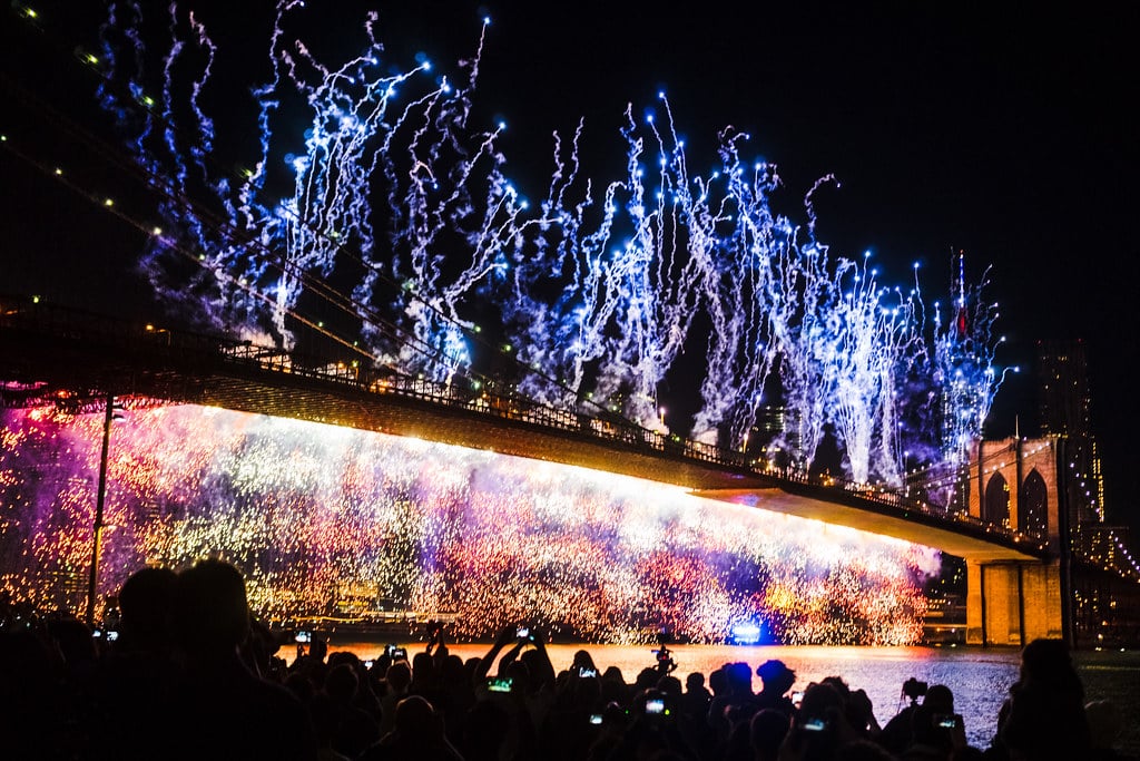 fireworks over brooklyn bridge